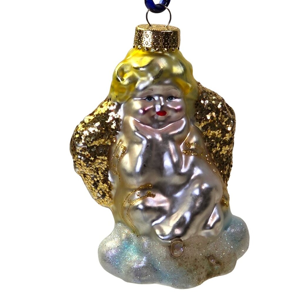 Vintage Christmas Ornament Blown Glass Angel Cherub Glitter Wings Guardian Xmas